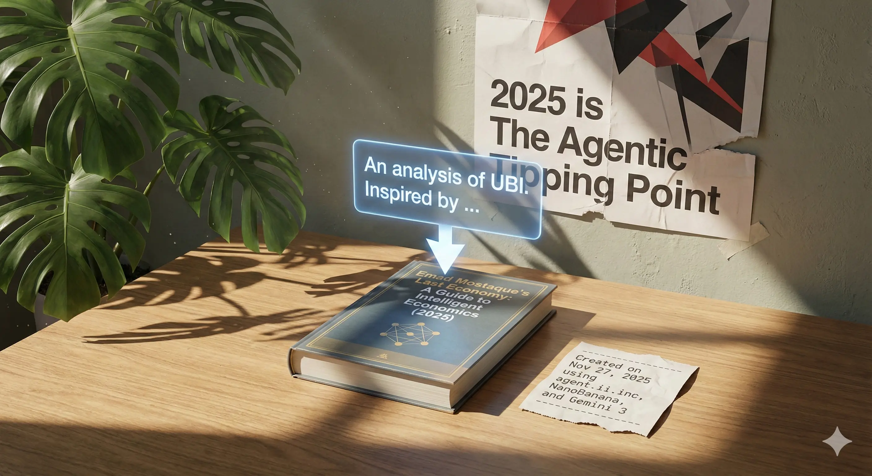 An analysis of UBI. Inspired by Emad Mostaque's Last Economy: A Guide to Intelligent Economics (2025). Stub or receipt on desk: Created on Nov 27, 2025 using agent.ii.inc, NanoBanana, and Gemini 3