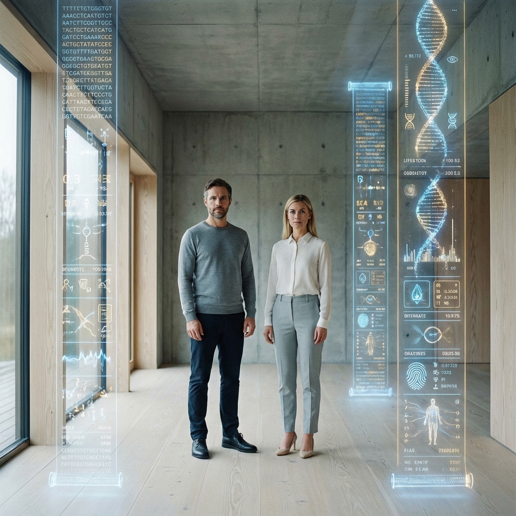 Two figures with etched genetic data