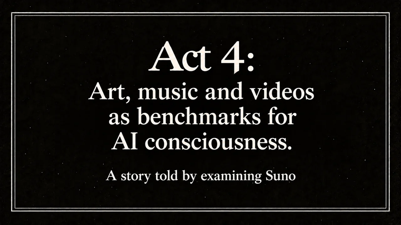 Act 4: Art, music and videos as benchmarks for AI consciousness. A story told by examining Suno
