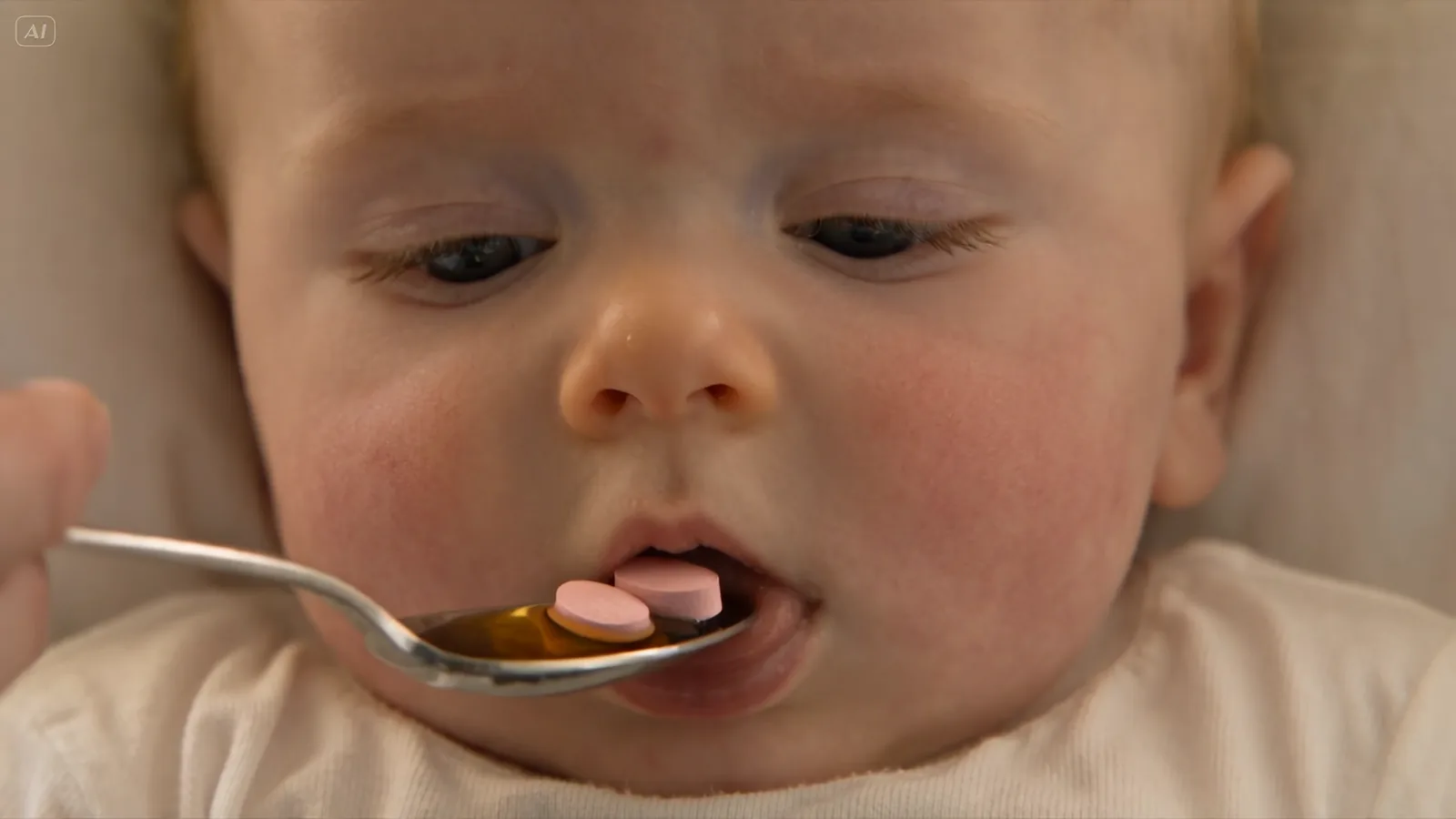 A baby is fed a pink pill from a spoon.