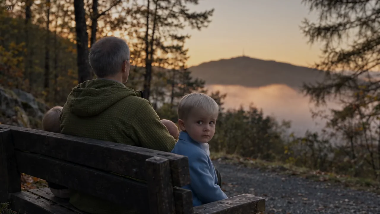 Seen from behind, a man sits on a wooden bench above a misty valley at dawn with two small children; one boy turns to look at the camera.
