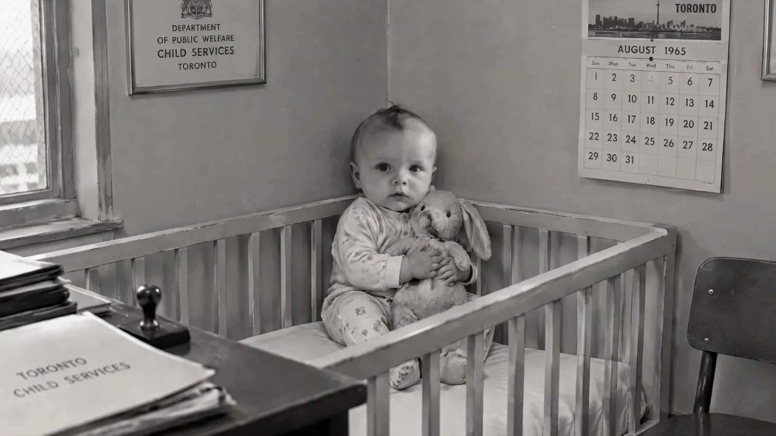 Black-and-white image: a baby with a toy rabbit sits in a crib in an office. A sign reads Department of Public Welfare, Child Services, Toronto; a calendar shows August 1965.