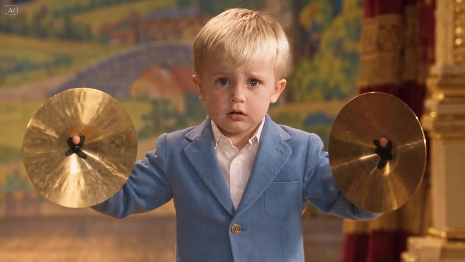 A small boy in a blue jacket holds two cymbals wide apart on stage.