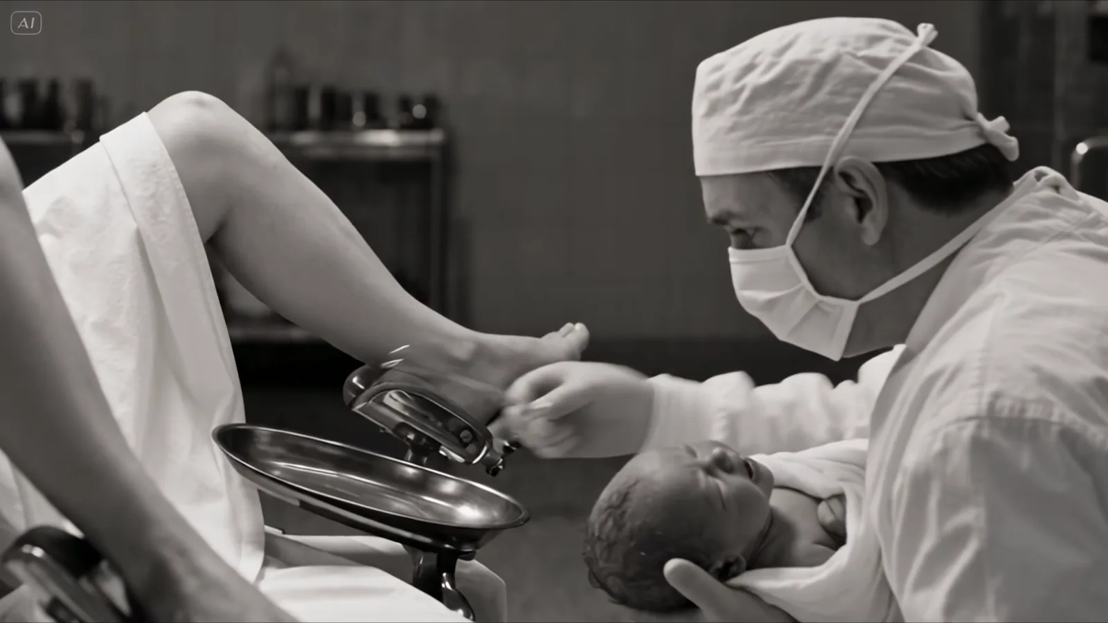 Black-and-white image: a doctor in a surgical mask delivers a baby with forceps.