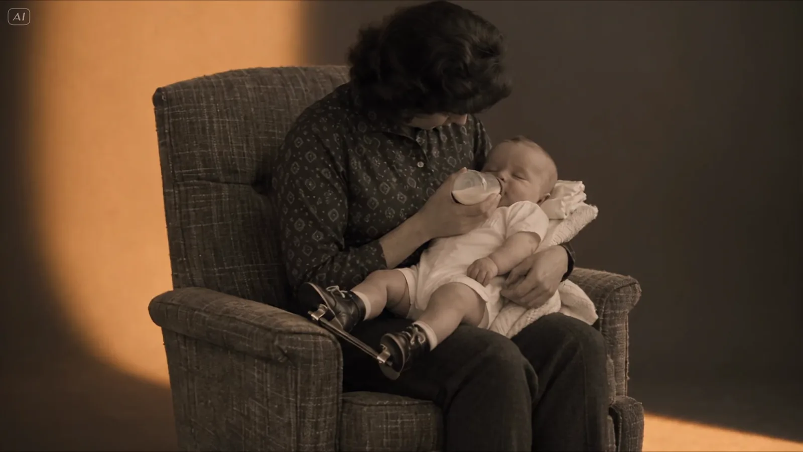 A woman in an armchair holds a baby wearing small corrective boots.