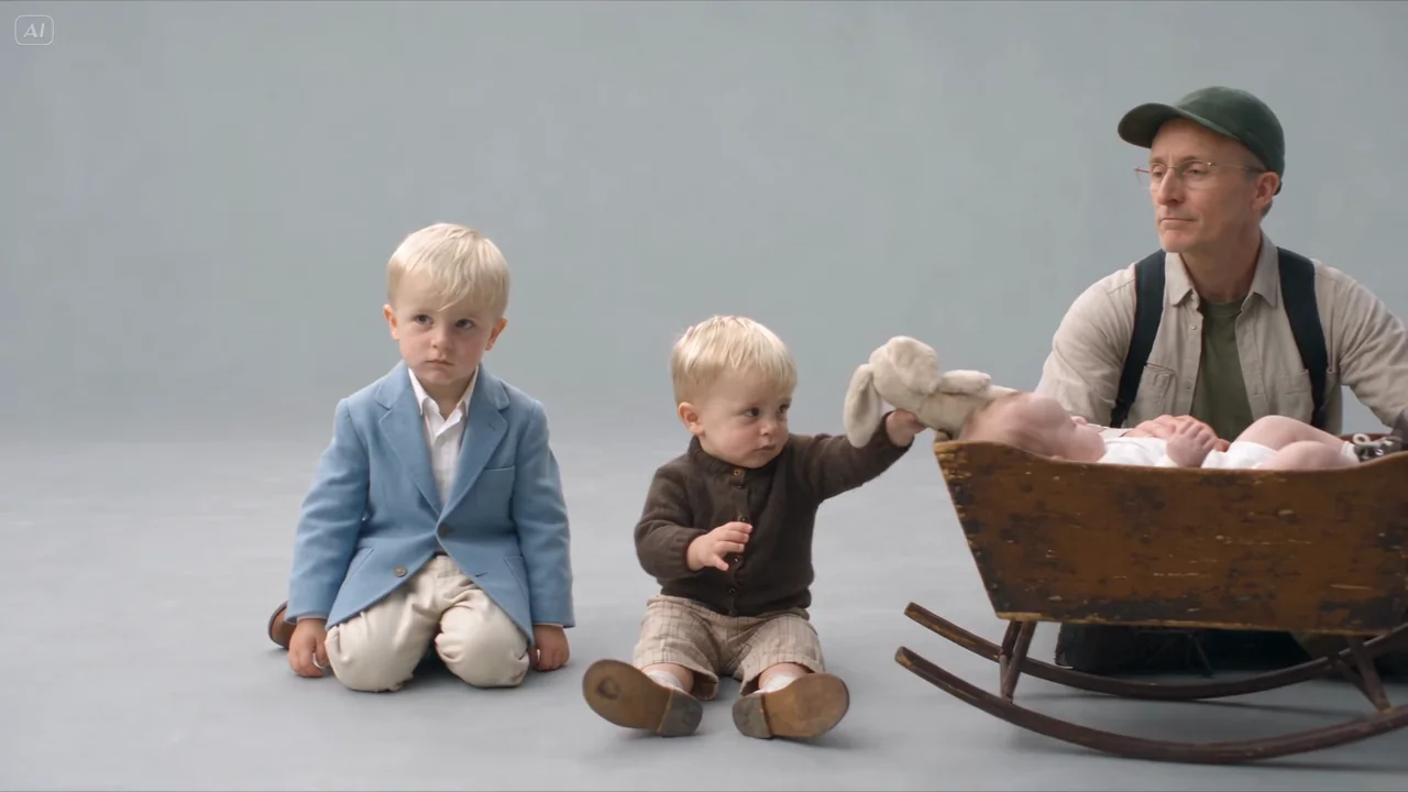 Two small boys kneel beside a wooden cradle holding a baby and a toy rabbit; a man in a cap sits behind it.
