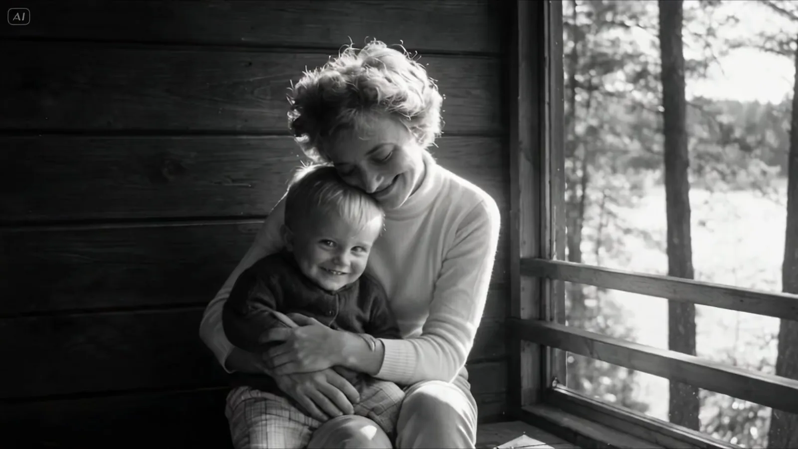 Black-and-white image: a mother holds her small son on her lap by a cabin window.