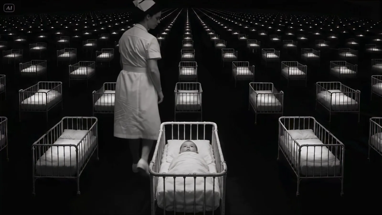 Black-and-white image: rows of lit cribs recede into darkness; a nurse walks between them.