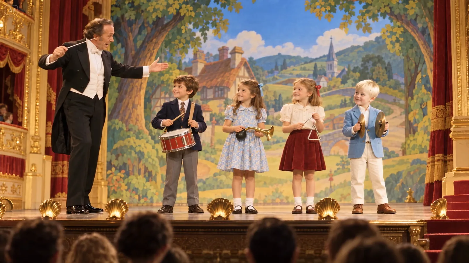 Children with instruments on a theatre stage before a painted village backdrop; a conductor in tails points at them.
