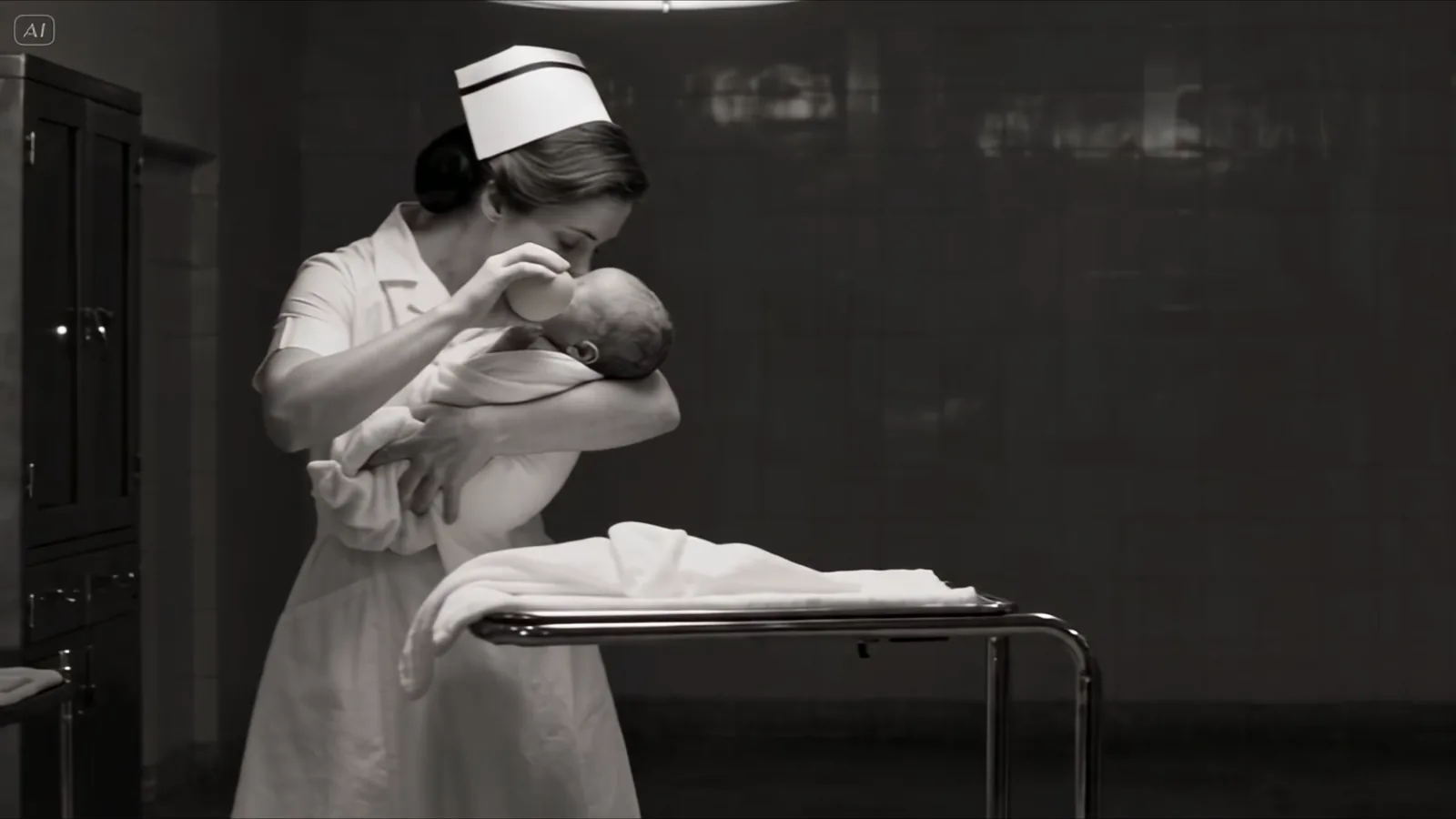 Black-and-white image: a nurse in a white cap holds a newborn to her face.