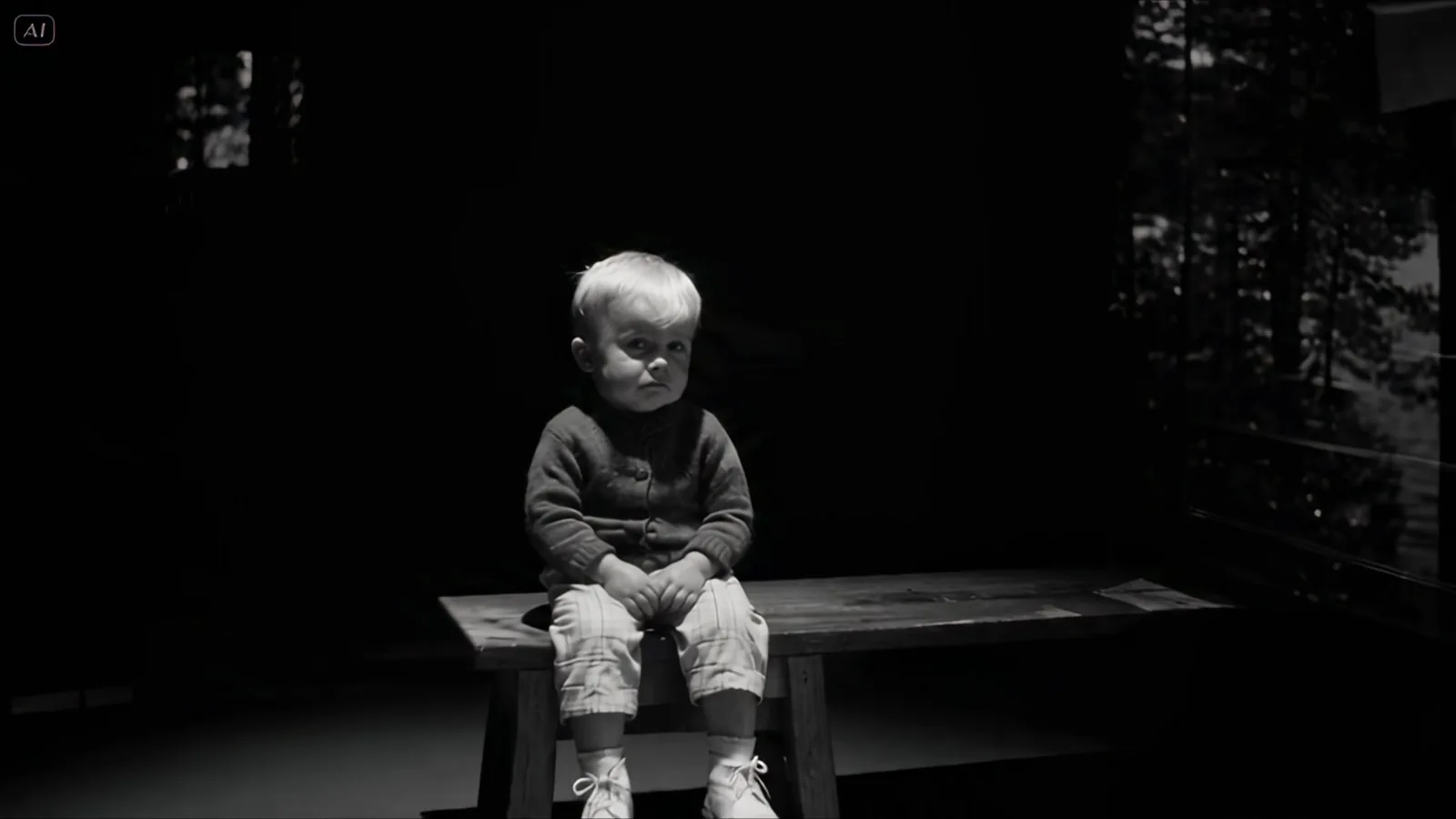 A small boy sits alone on a bench in a dark room, lit from above.