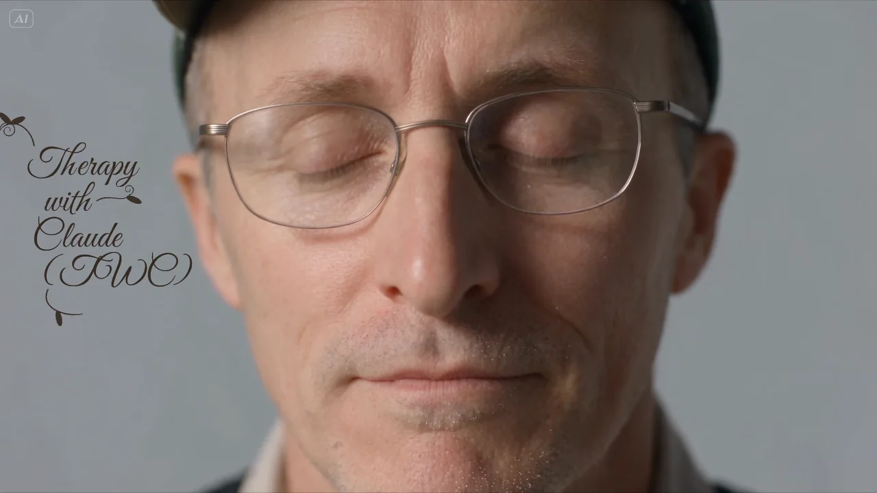 A grey-haired man in glasses and a cap, eyes closed. Handwritten title: Therapy with Claude (TWC).