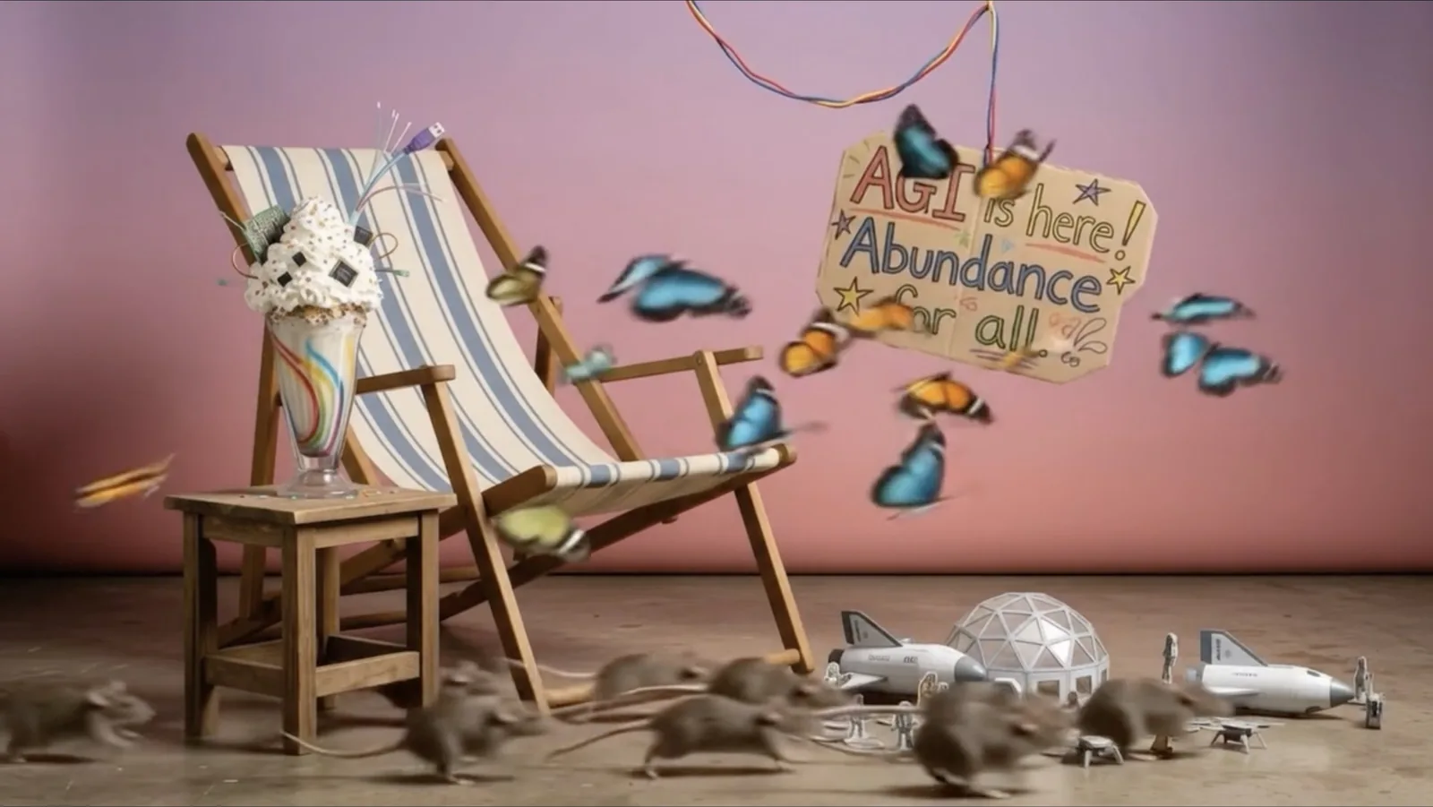 Rats run across a studio floor past toy space shuttles and a dome; butterflies circle a deckchair and a milkshake topped with computer chips. A cardboard sign reads: AGI is here! Abundance for all!