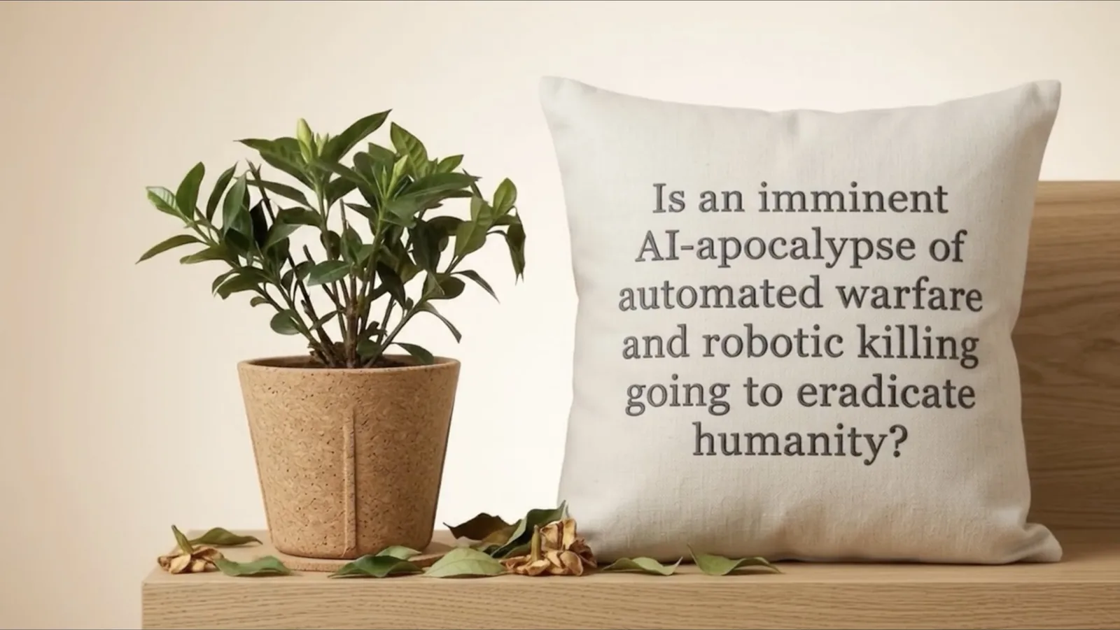 A potted plant beside a linen cushion embroidered: Is an imminent AI-apocalypse of automated warfare and robotic killing going to eradicate humanity?