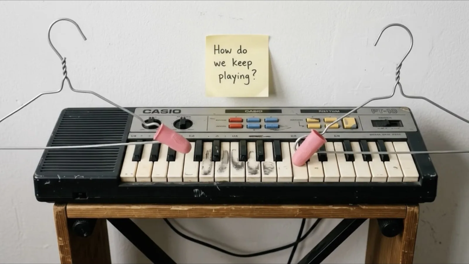A worn Casio keyboard with two wire coat hangers ending in pink rubber fingertips; a sticky note on the wall reads: How do we keep playing?