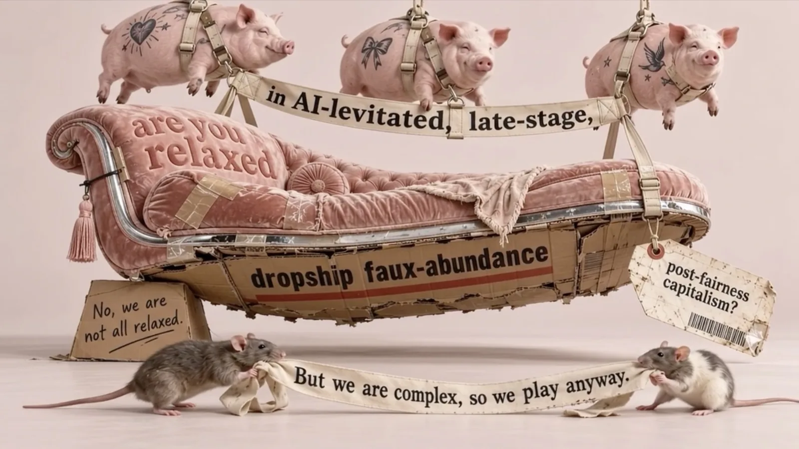 Three tattooed pigs float a battered pink chaise longue. Text on the props: are you relaxed, in AI-levitated, late-stage, dropship faux-abundance, post-fairness capitalism? No, we are not all relaxed. But we are complex, so we play anyway.