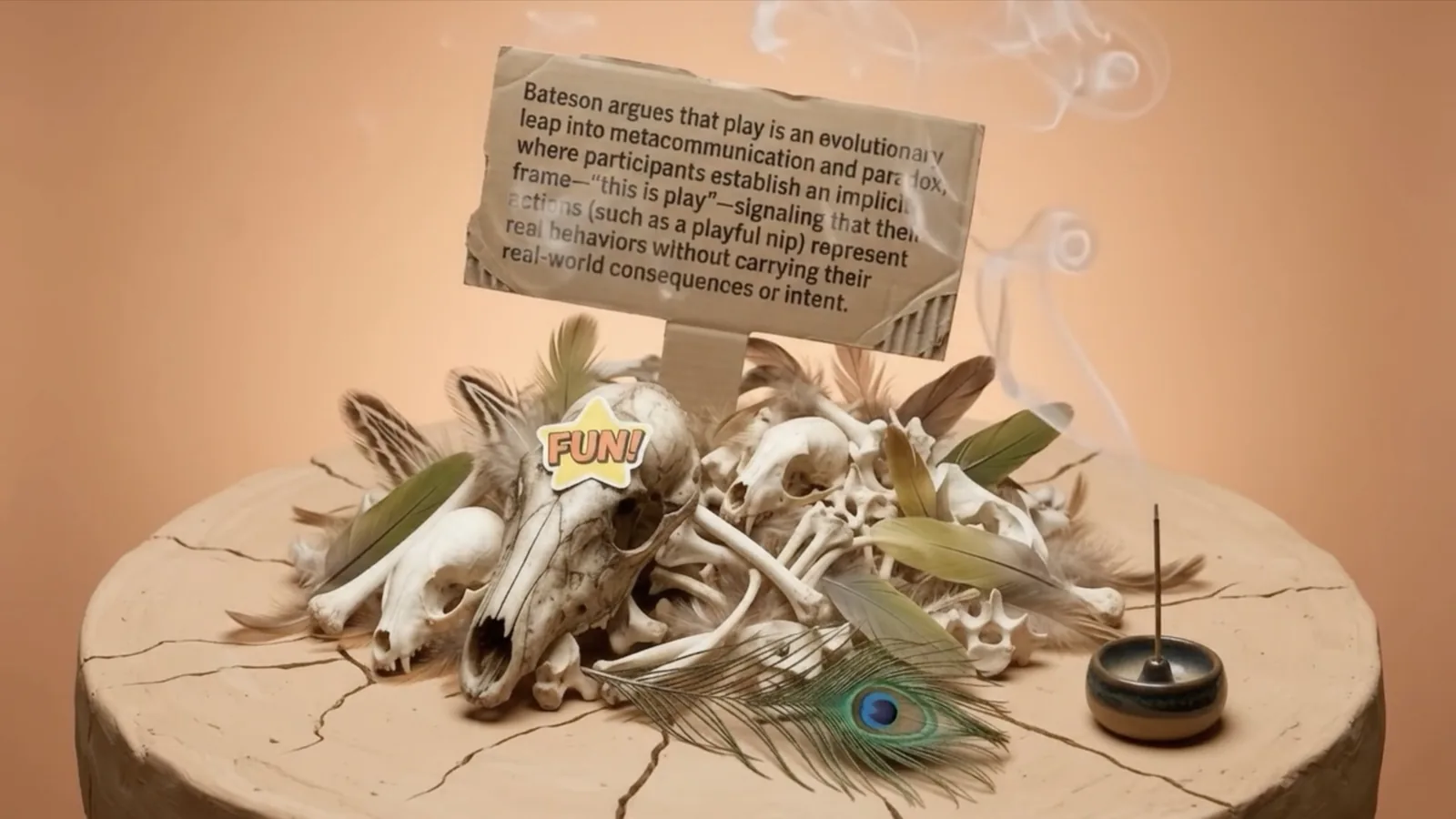 Slide: a pile of bones and feathers with a FUN! sticker on a skull. Sign: Bateson argues that play is an evolutionary leap into metacommunication and paradox, where participants establish an implicit frame, this is play, signaling that their actions (such as a playful nip) represent real behaviors without carrying their real-world consequences or intent.