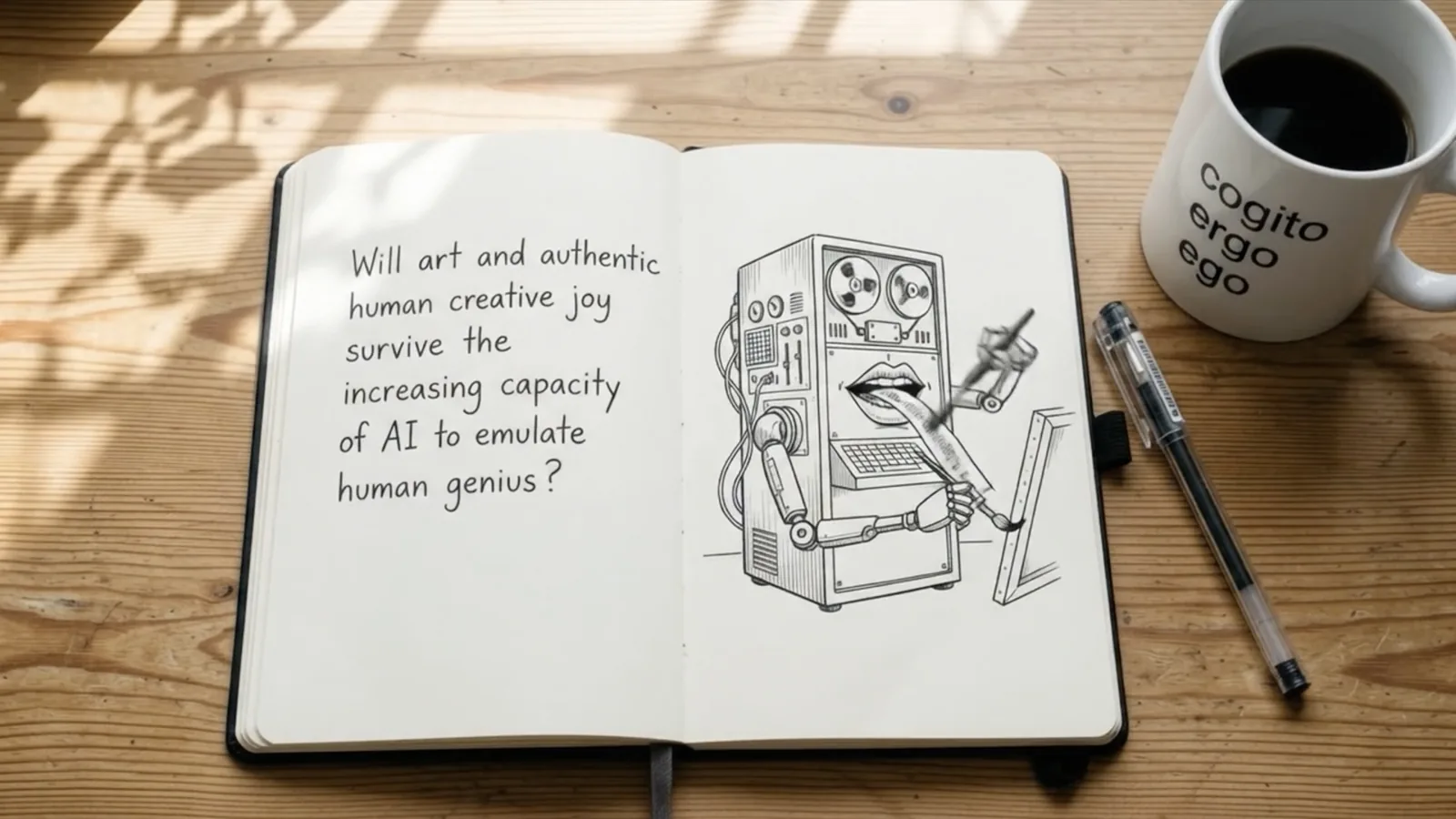 A notebook drawing of a machine with lips painting on a canvas. Handwritten: Will art and authentic human creative joy survive the increasing capacity of AI to emulate human genius? A mug reads cogito ergo ego.