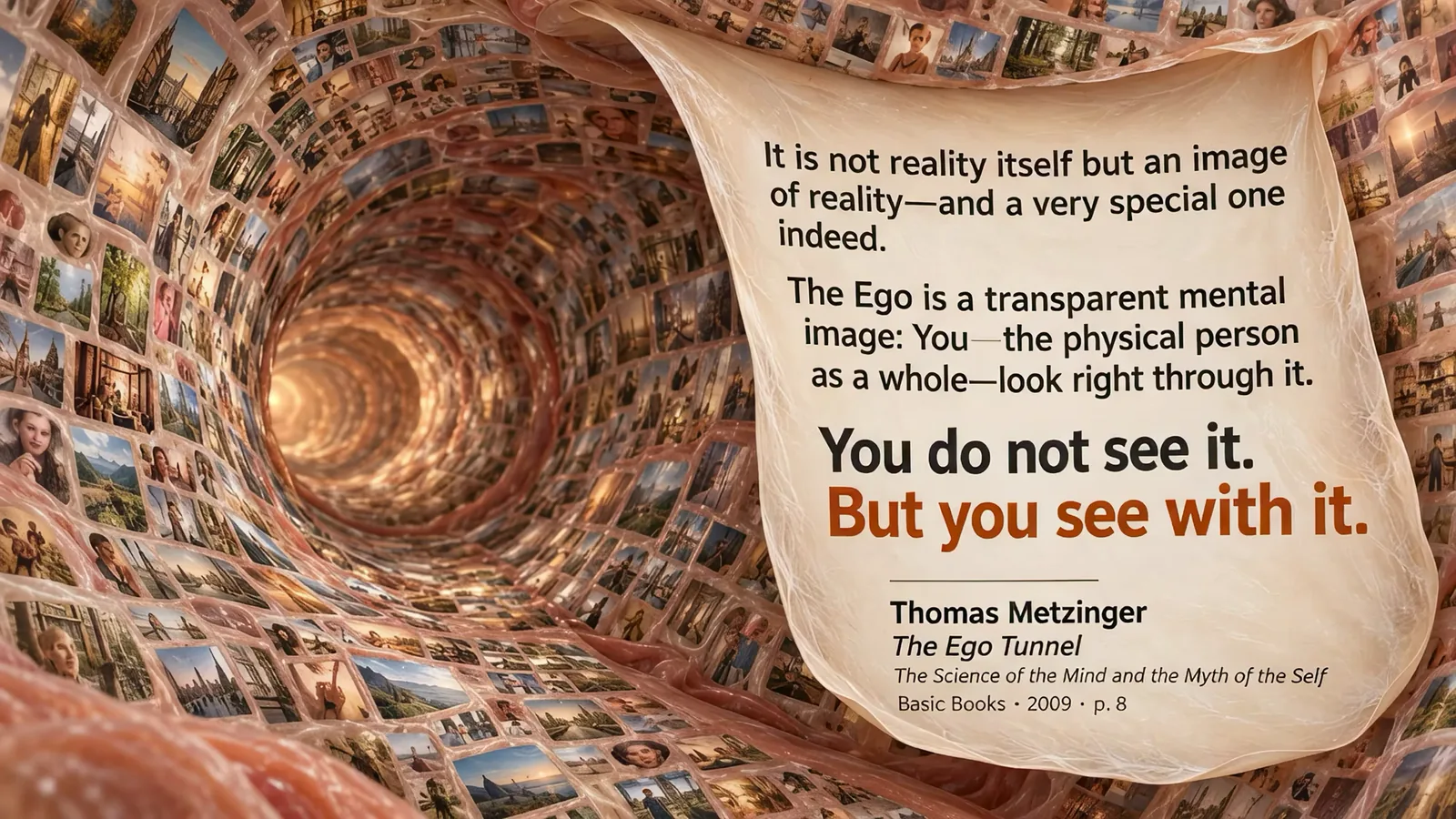 Slide: a tunnel lined with photographs. It is not reality itself but an image of reality, and a very special one indeed. The Ego is a transparent mental image: You, the physical person as a whole, look right through it. You do not see it. But you see with it. Thomas Metzinger, The Ego Tunnel, Basic Books 2009, p. 8.