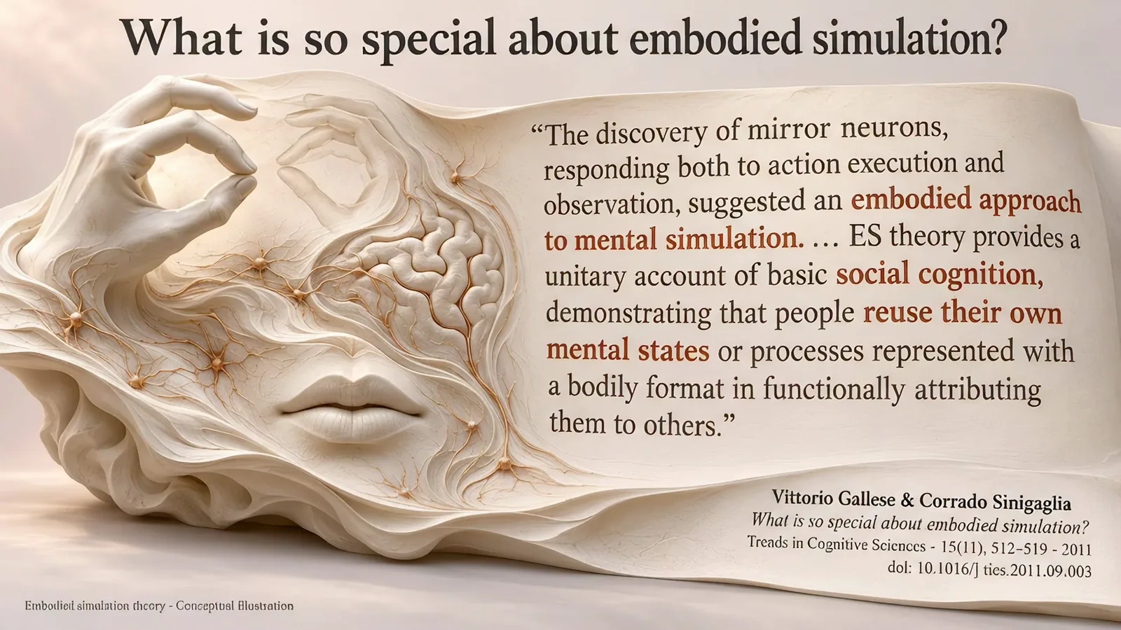 Slide: a white relief of a hand, brain and lips. What is so special about embodied simulation? “The discovery of mirror neurons, responding both to action execution and observation, suggested an embodied approach to mental simulation. … ES theory provides a unitary account of basic social cognition, demonstrating that people reuse their own mental states or processes represented with a bodily format in functionally attributing them to others.” Vittorio Gallese and Corrado Sinigaglia, Trends in Cognitive Sciences 15(11), 512–519, 2011.