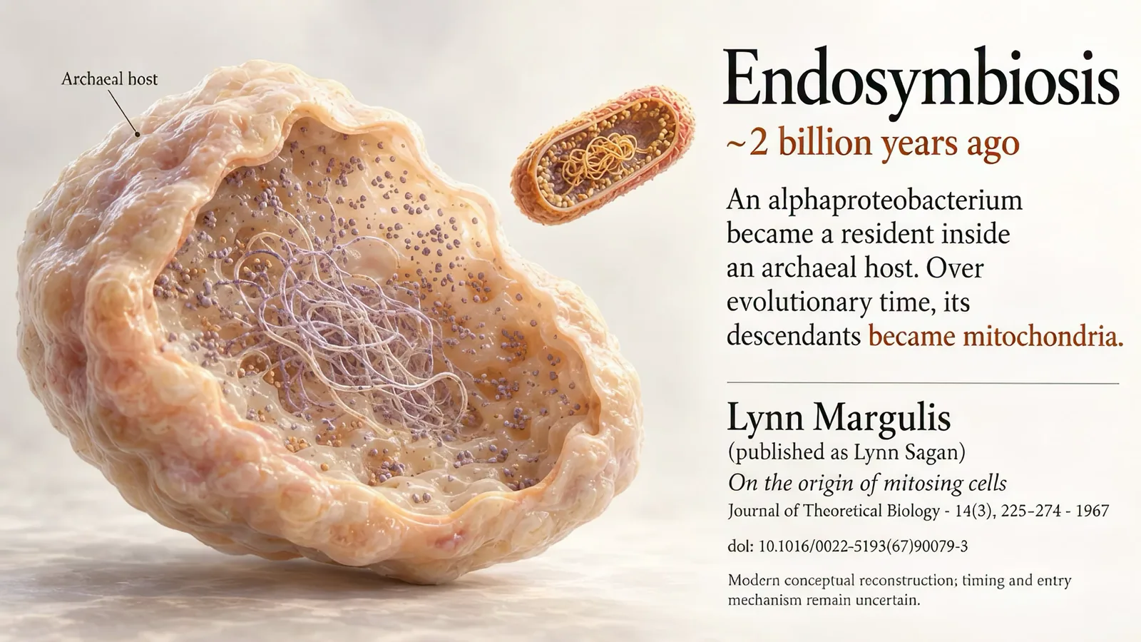 Slide: an alphaproteobacterium entering an archaeal host. Endosymbiosis, about 2 billion years ago. An alphaproteobacterium became a resident inside an archaeal host. Over evolutionary time, its descendants became mitochondria. Lynn Margulis (published as Lynn Sagan), On the origin of mitosing cells, Journal of Theoretical Biology 14(3), 225–274, 1967.