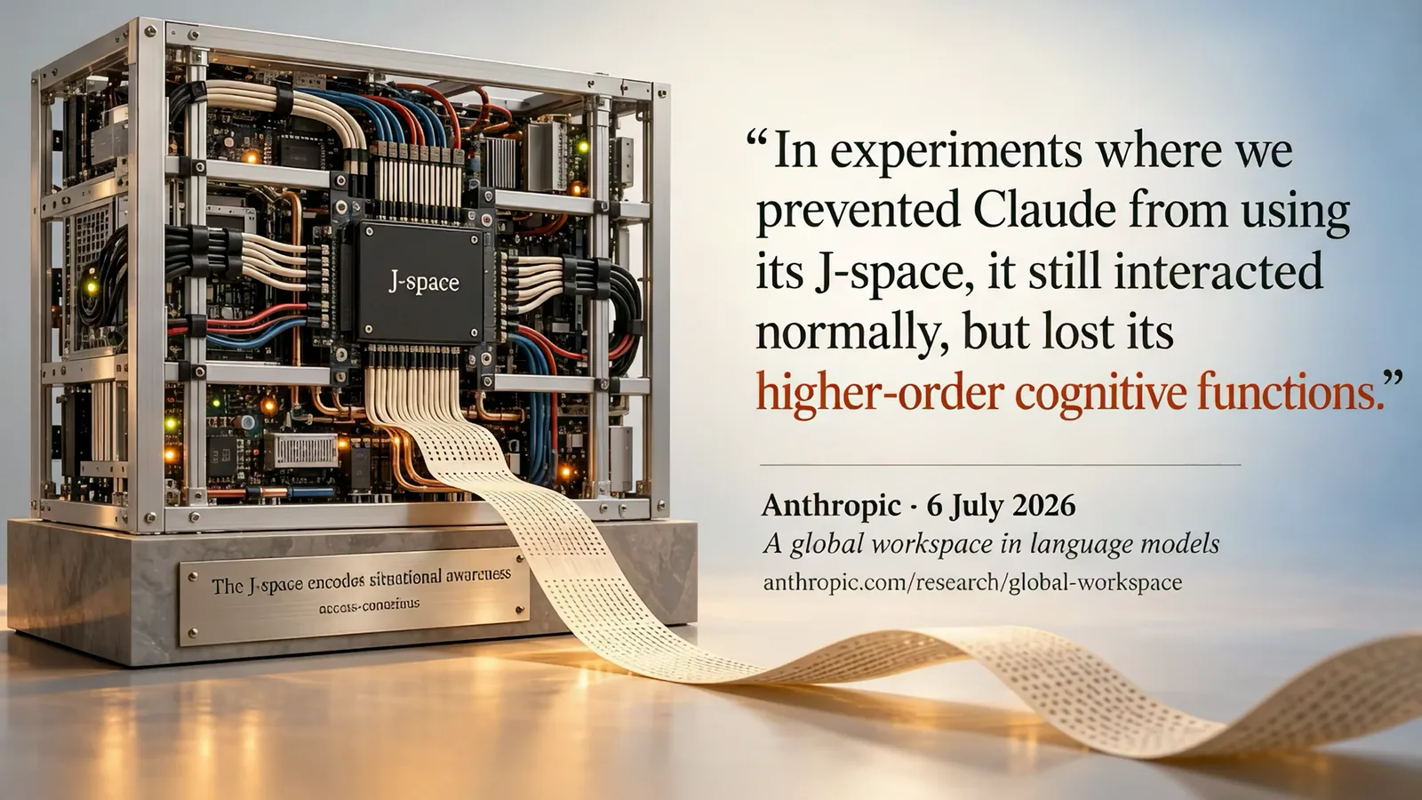 Slide: a machine labelled J-space feeding out a paper tape. In experiments where we prevented Claude from using its J-space, it still interacted normally, but lost its higher-order cognitive functions. Anthropic, 6 July 2026, A global workspace in language models.