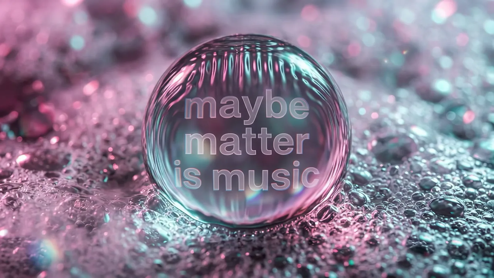 A glass sphere on a wet pink surface, with the words: maybe matter is music.