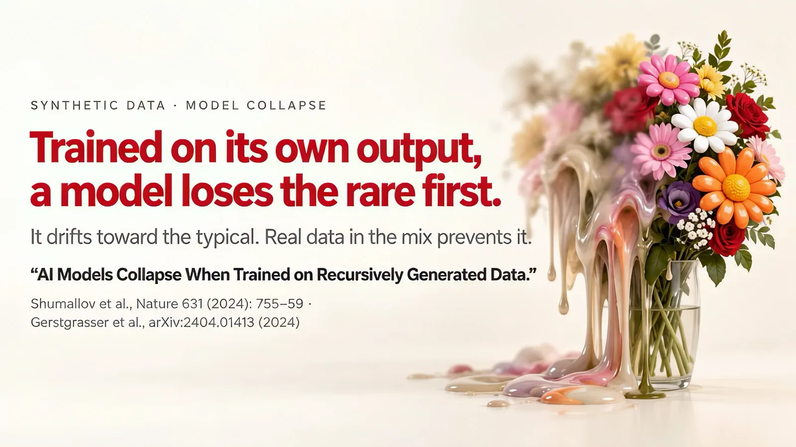 Slide: a bouquet of flowers melting into liquid. Trained on its own output, a model loses the rare first. It drifts toward the typical. Real data in the mix prevents it. Shumailov et al., Nature 631 (2024); Gerstgrasser et al., arXiv:2404.01413 (2024).