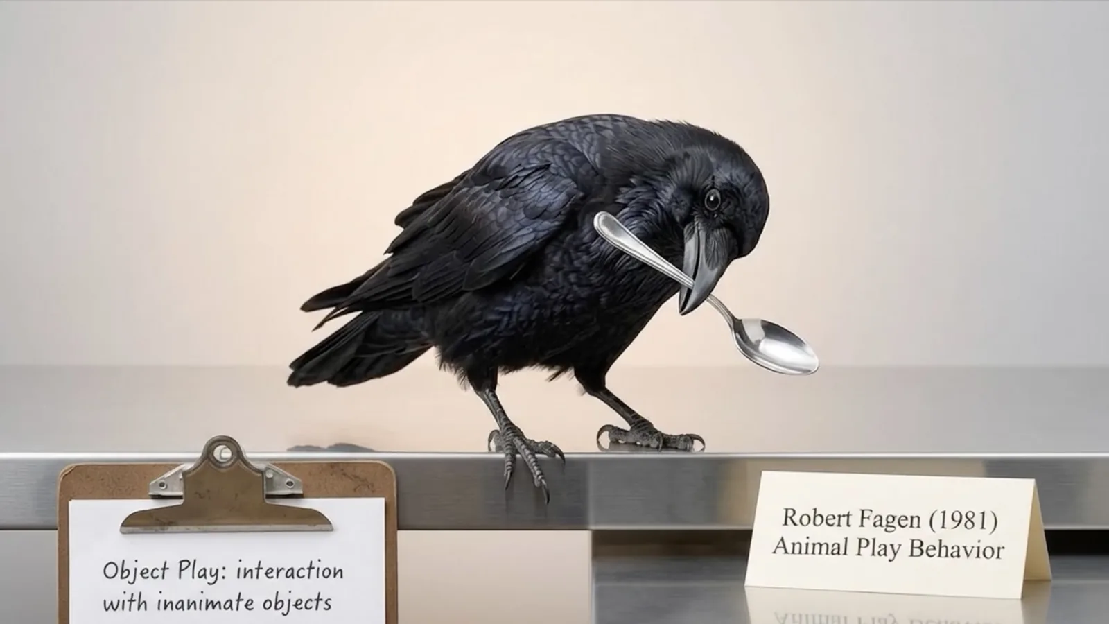 A raven holds a spoon in its beak on a steel table. Clipboard: Object play: interaction with inanimate objects. Card: Robert Fagen (1981), Animal Play Behavior.