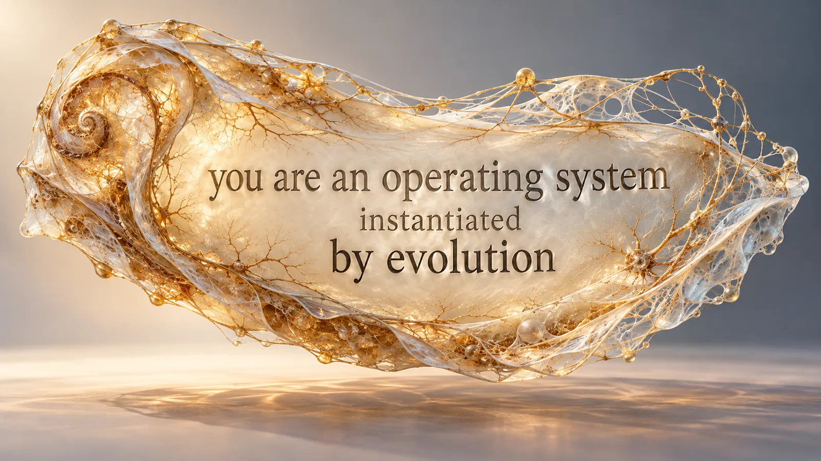 A translucent shell with the words: you are an operating system instantiated by evolution.