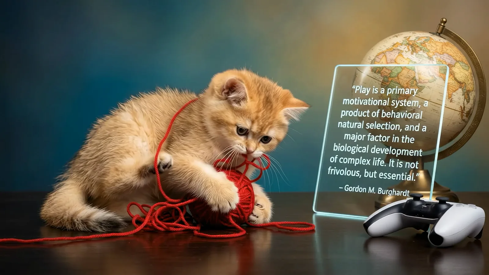 Slide: a kitten plays with red yarn beside a globe and a game controller. Play is a primary motivational system, a product of behavioral natural selection, and a major factor in the biological development of complex life. It is not frivolous, but essential. Gordon M. Burghardt.