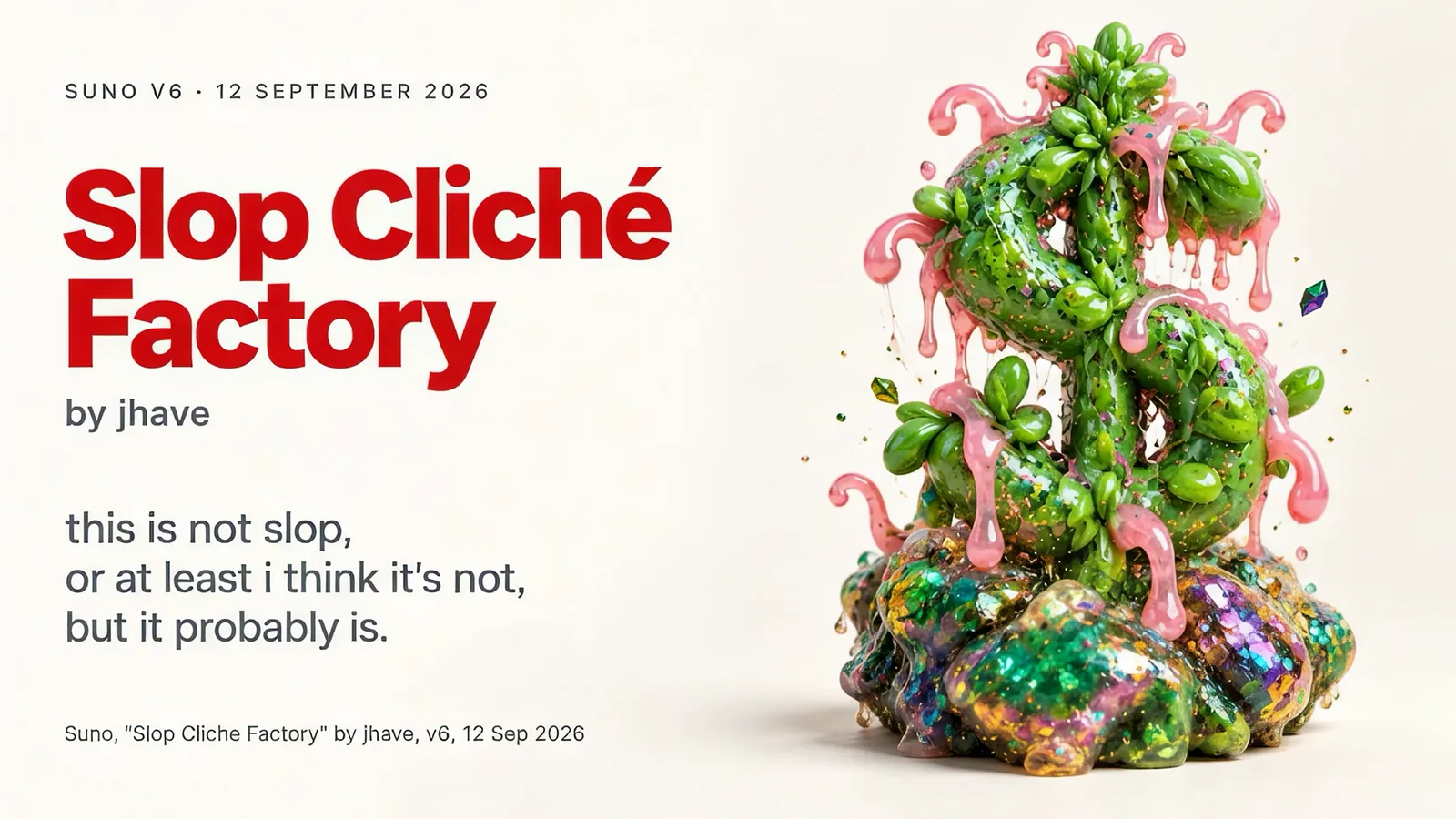 Slide: a dollar sign of succulents dripping pink slime. Slop Cliché Factory by jhave. This is not slop, or at least I think it’s not, but it probably is. Suno, v6, 12 Sep 2026.