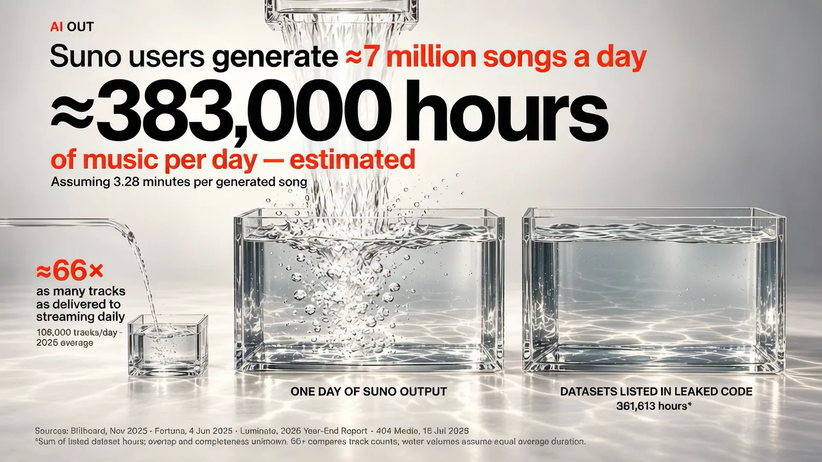 Slide: water pours into glass tanks. Suno users generate about 7 million songs a day, about 383,000 hours of music per day, estimated, assuming 3.28 minutes per song; about 66 times as many tracks as delivered to streaming daily (106,000 tracks per day, 2025 average). Datasets listed in leaked code: 361,613 hours.