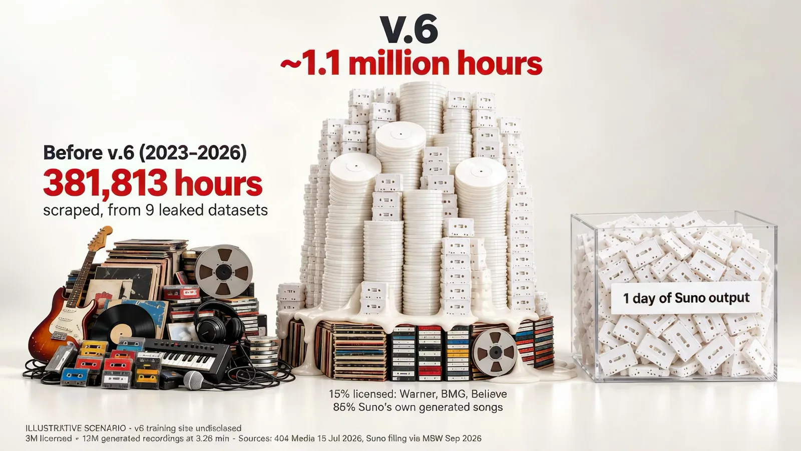 Slide: Suno v6 training data, illustrative scenario. Before v6 (2023–2026): 381,813 hours scraped, from 9 leaked datasets. v6: about 1.1 million hours, 15% licensed (Warner, BMG, Believe), 85% Suno’s own generated songs. A box labelled 1 day of Suno output.