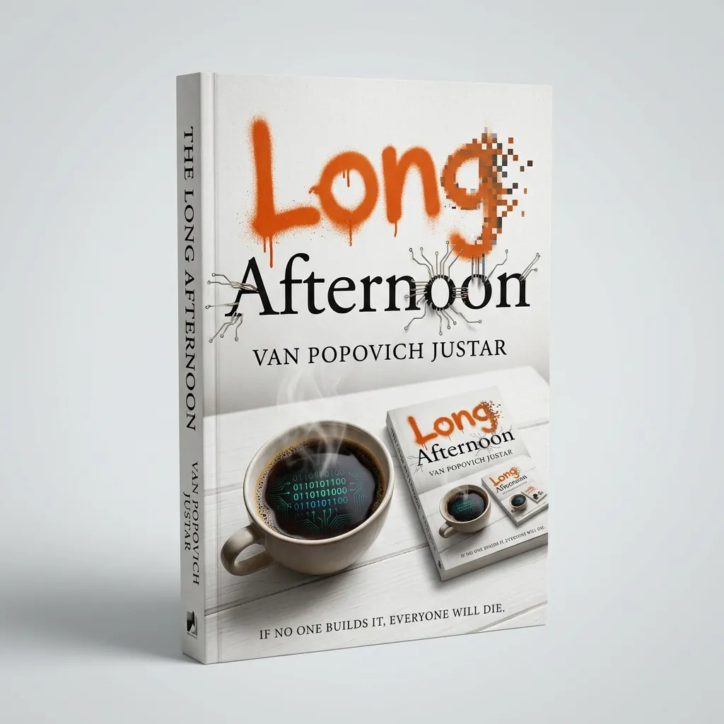 The Long Afternoon — Recursive book cover feat. orange raygun typography and organic leaf motifs