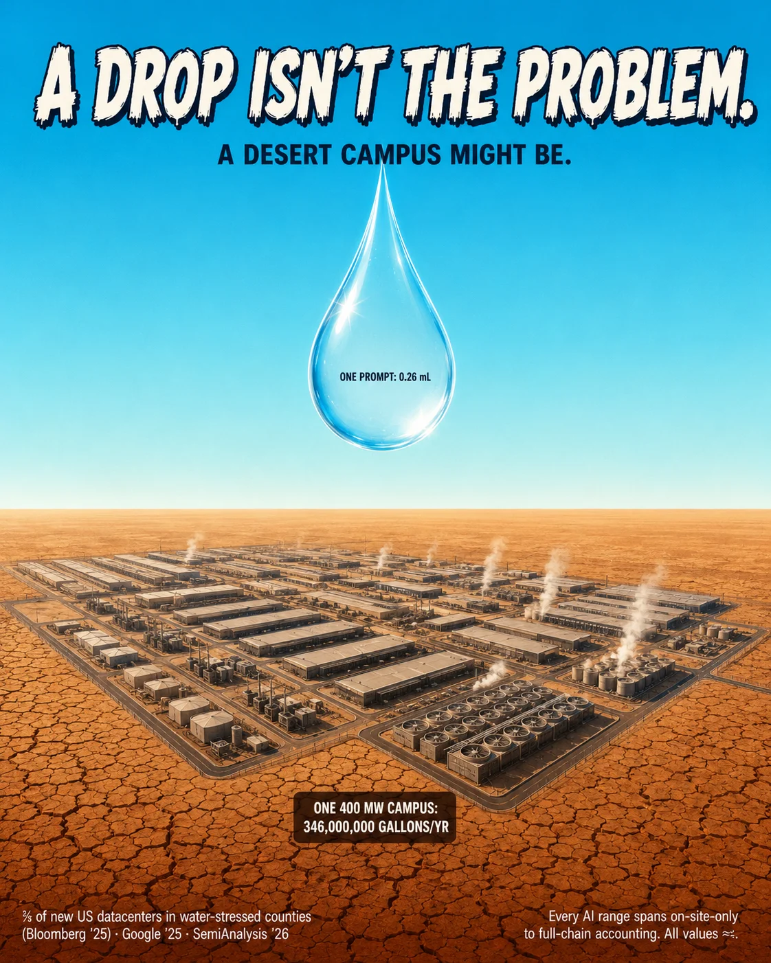 PSA poster: one enormous translucent water drop suspended in a cyan sky over an aerial view of a vast data-centre campus stamped into cracked desert earth. Slogan: A DROP ISN'T THE PROBLEM. A DESERT CAMPUS MIGHT BE.