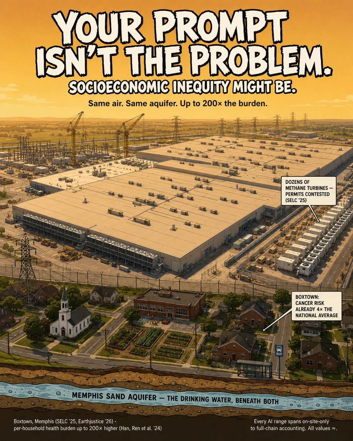 PSA poster, aerial view: a vast flat windowless data-centre warehouse with fan-wall cooling and a long row of containerized methane gas turbines, separated by a single chain-link fence from a small dignified neighbourhood — houses, church, school, gardens — visibly smaller than the warehouse roof alone; a thin cross-section strip shows one shared aquifer beneath both. Slogan: YOUR PROMPT ISN'T THE PROBLEM. SOCIOECONOMIC INEQUITY MIGHT BE.