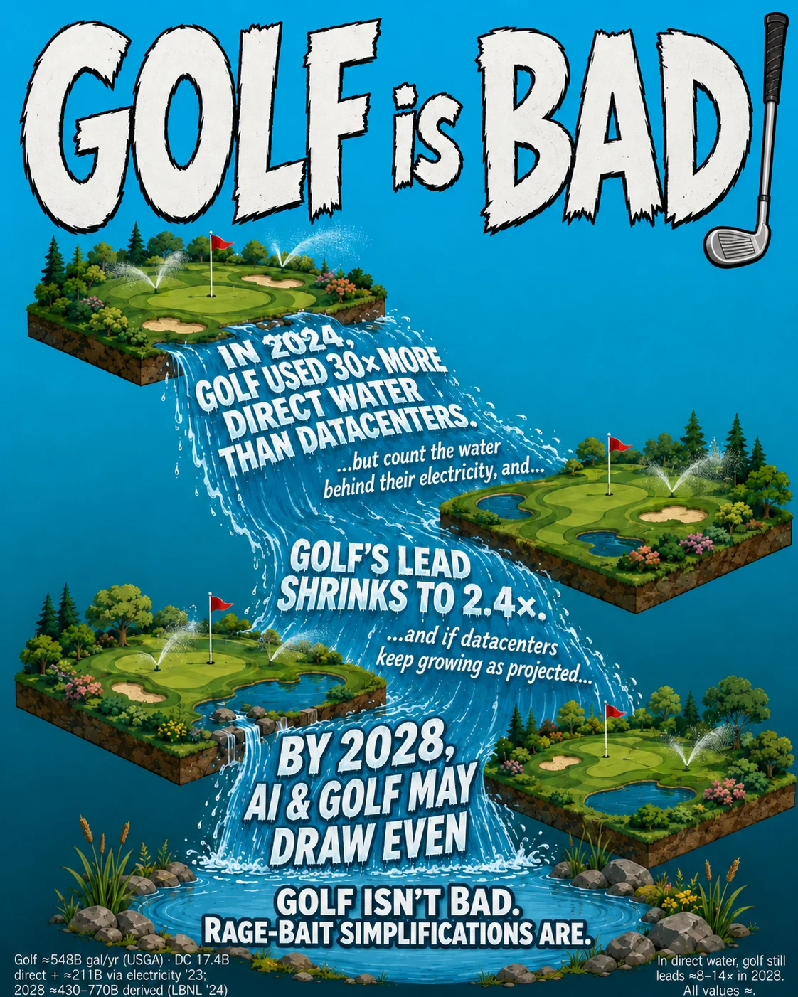 Satirical PSA poster. Huge jagged headline: GOLF is BAD, with an upside-down golf club as the exclamation mark. Isometric golf-course tiles interspersed with a cascading waterfall of alternating statements: In 2024, golf used 30 times more DIRECT water than datacenters — but count the water behind their electricity — and golf's lead shrinks to 2.4 times — and if datacenters keep growing as projected — by 2028 they may draw even. Kicker at bottom: GOLF ISN'T BAD. SINGLE-NUMBER HEADLINES ARE.