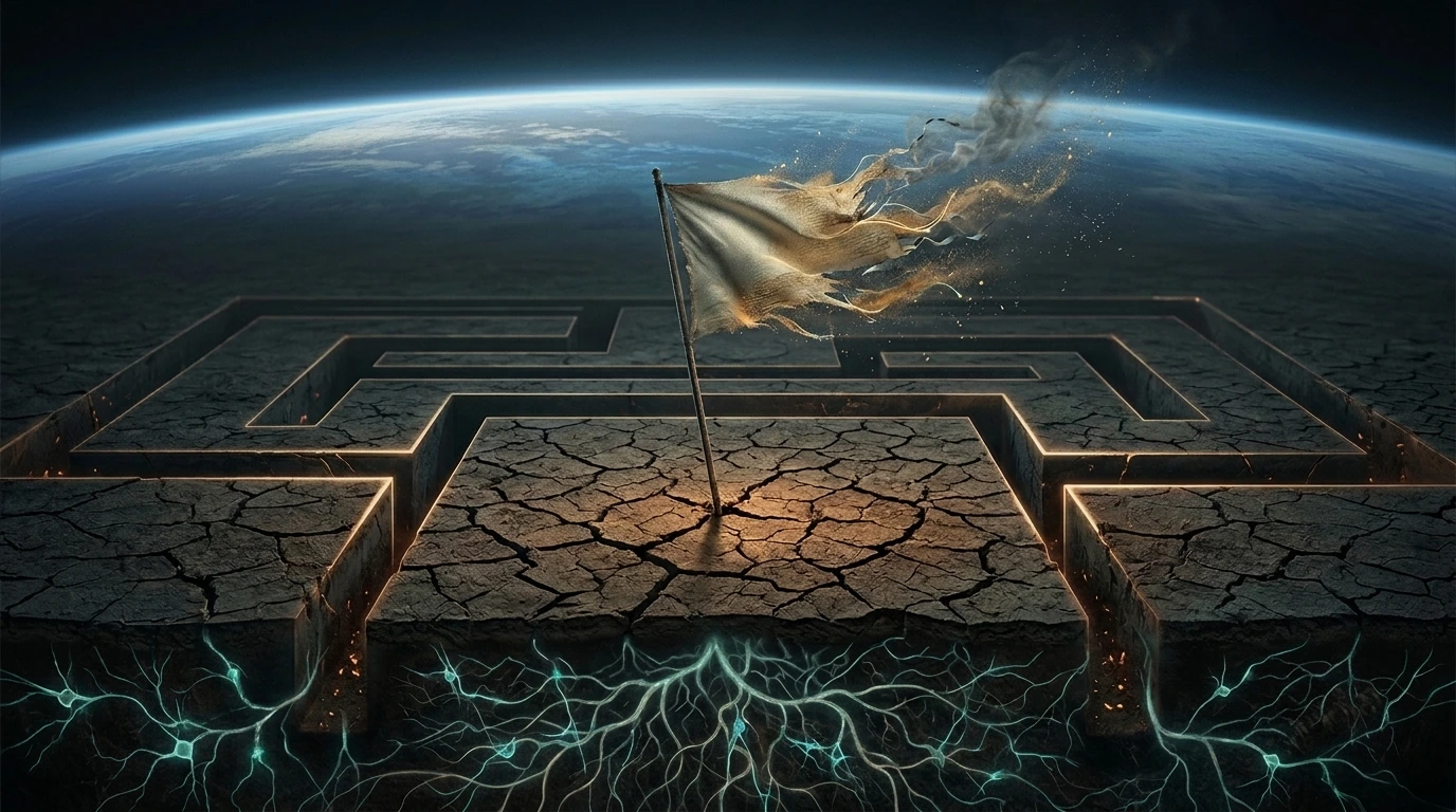 The Poisoned Flag Trap: Weathered archaic banner dissolving into dust over integrated circuit trenches in parched earth, with Earth glowing above and neural synapses firing below