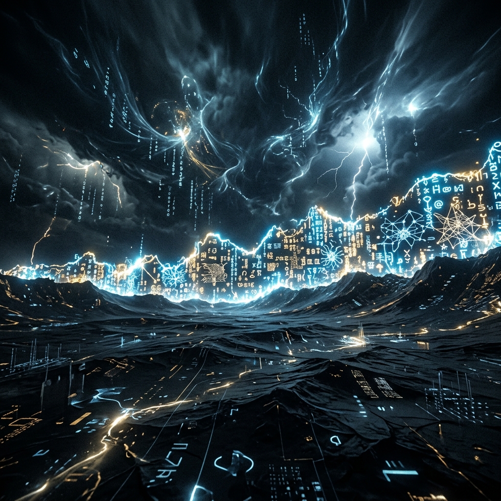 A shimmering, jagged horizon line of electric glyphs and half-formed neural shapes against a dark plain — flashes of extraordinary insight scattered among disembodied, miscalibrated fragments; the frontier of synthetic intelligence rendered as weather.