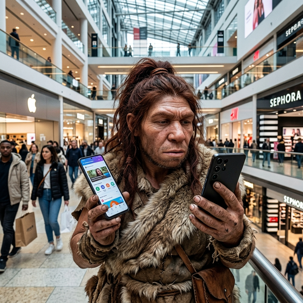 Neanderthal holding a cell phone in a gleaming multilayered 21st century mall