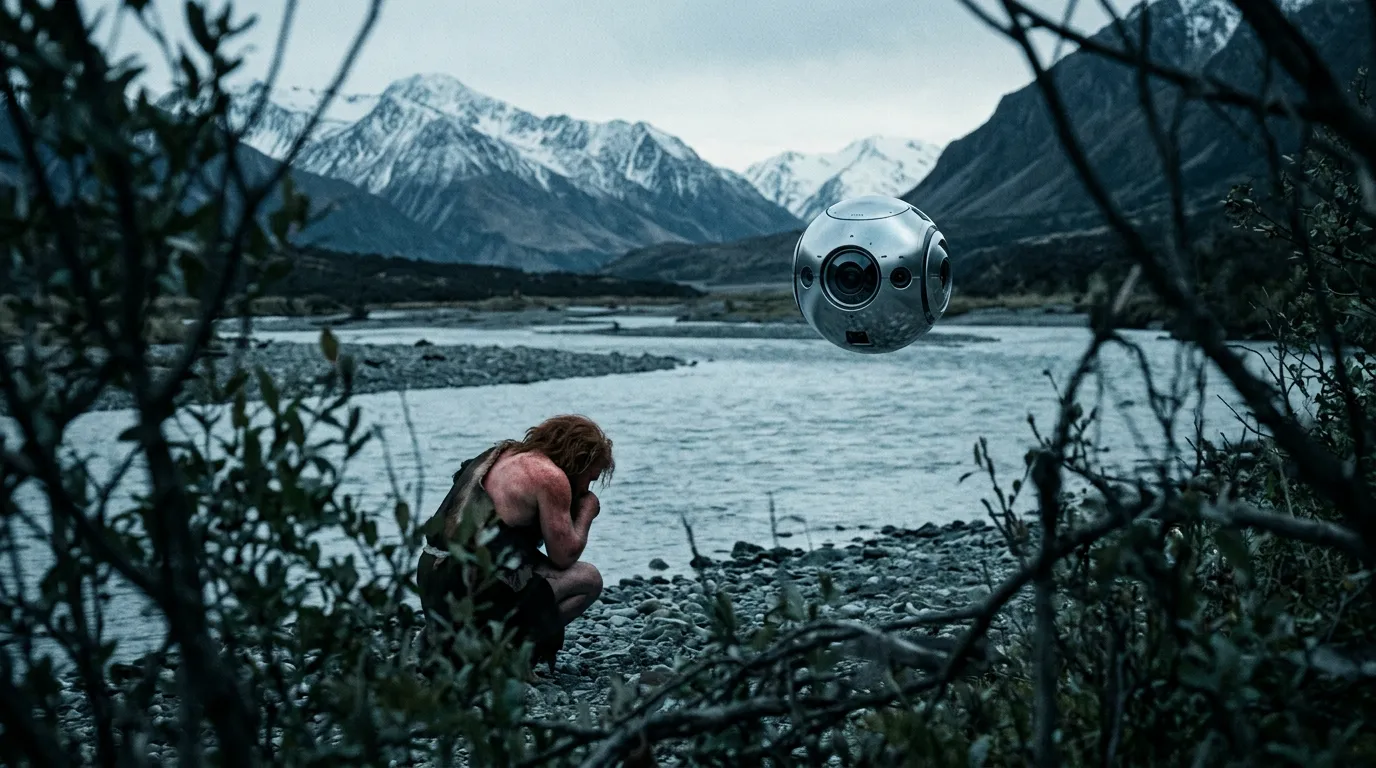 A red-haired Neanderthal crouched by a cold river, seen from a great and unfamiliar distance — it is watched by a computational orb-multi-lens-eye-drone.