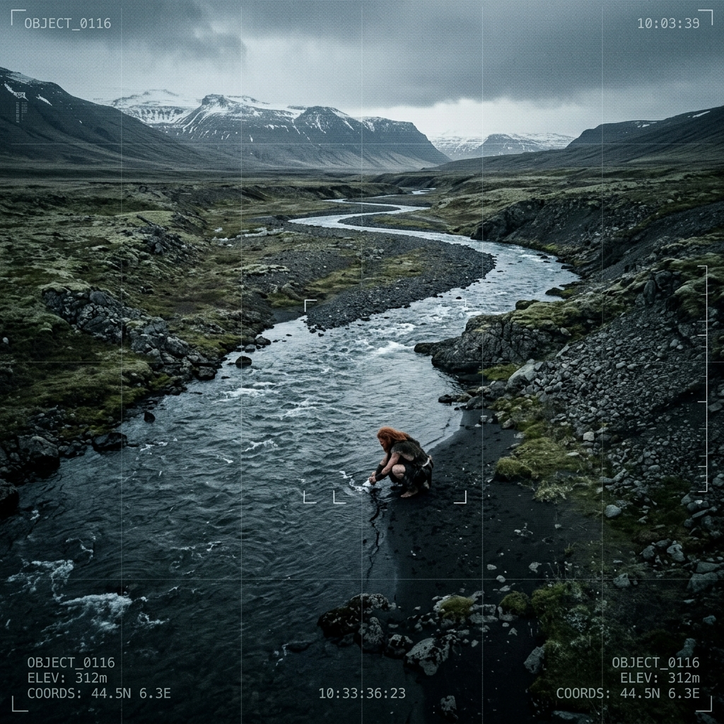 A red-haired Neanderthal crouched by a cold river, seen from a great and unfamiliar distance — as if watched by a computational eye that does not yet know what it sees; the palette cool, the vantage slightly elevated and alien.