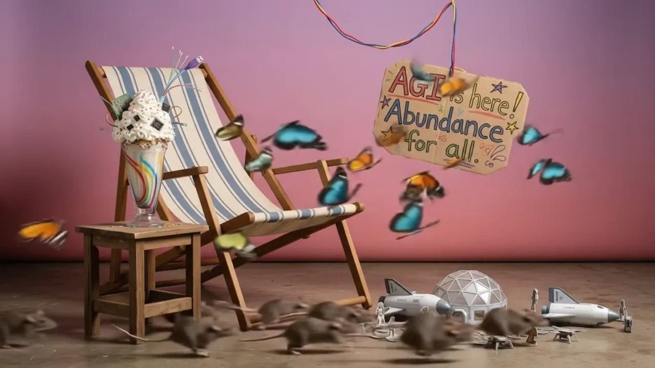 Rats and butterflies scattering past a deck chair under a sign: AGI is here! Abundance for all.
