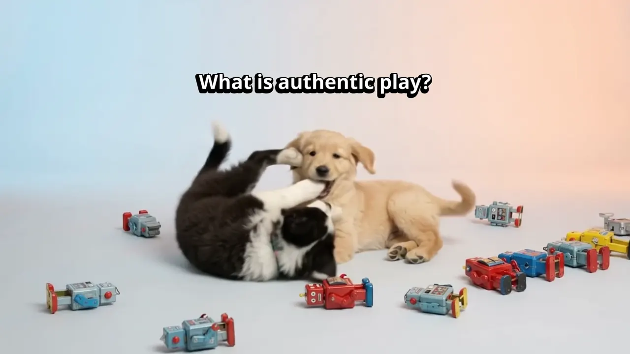Two puppies playing among toy robots: What is authentic play?