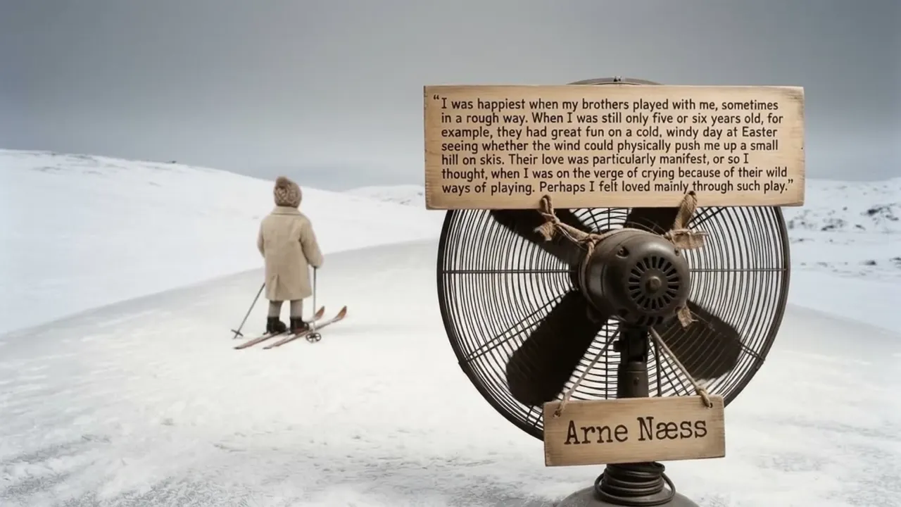Child on skis beside a fan with an Arne Næss quotation