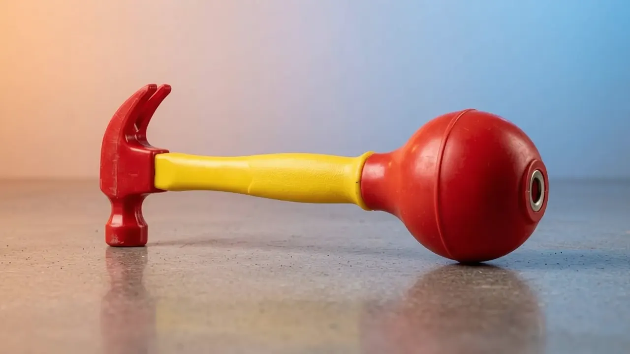A toy hammer with a rubber ball head