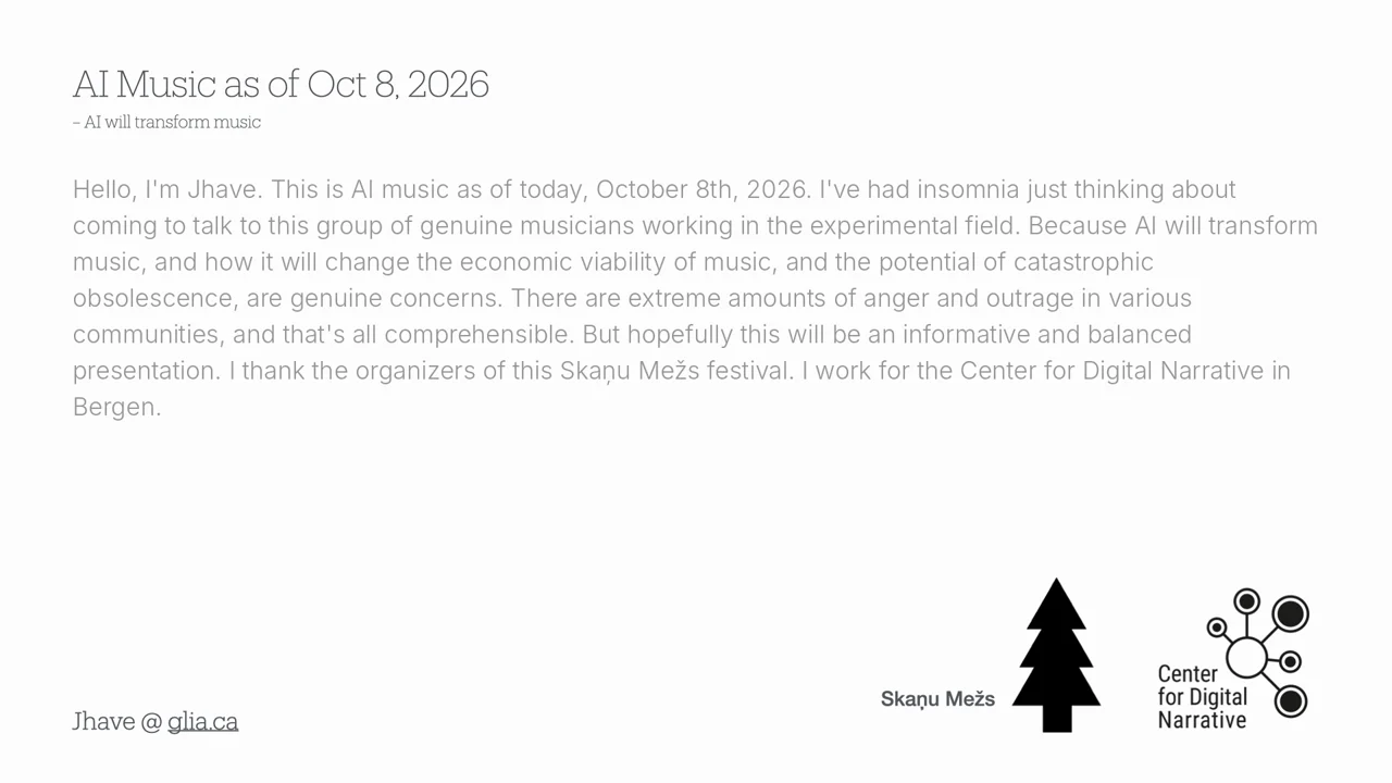 Spoken words gathering into a paragraph under the title AI Music as of Oct 8, 2026
