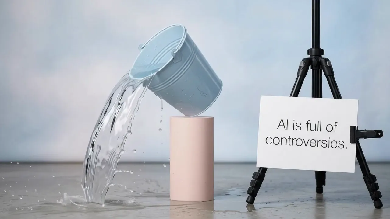 Water poured from a can beside a sign: AI is full of controversies