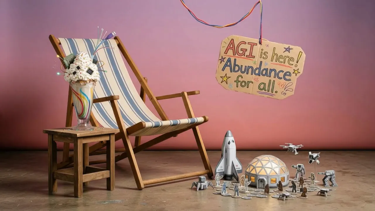 A deck chair under a sign: AGI is here! Abundance for all